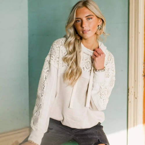 High Quality 400gsm Cotton Sweatshirt Hoodies for Women Vintage Style with White Lace Sleeves and Hooded Collar for Autumn